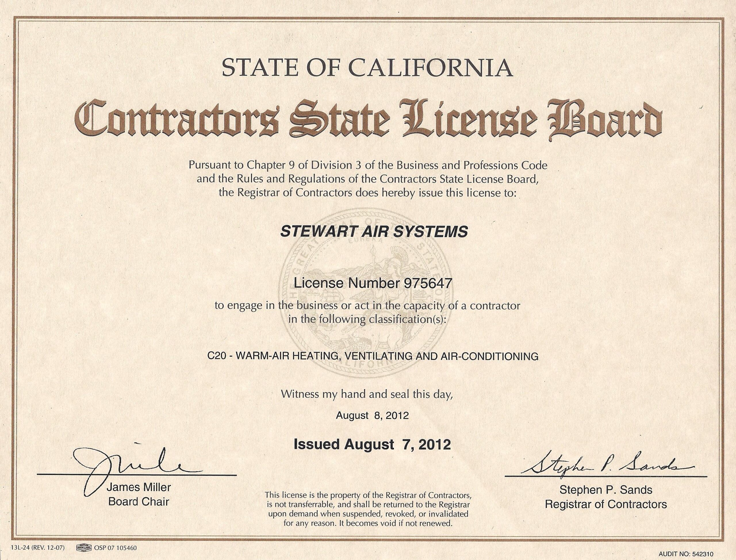 Official California C20 State Contractor License certificate